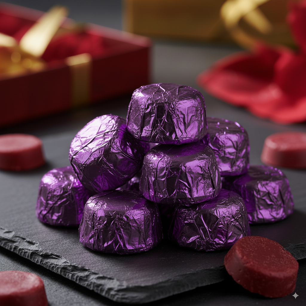 Purple wrapped wax melts on a dark surface with a blurred gift box in the background