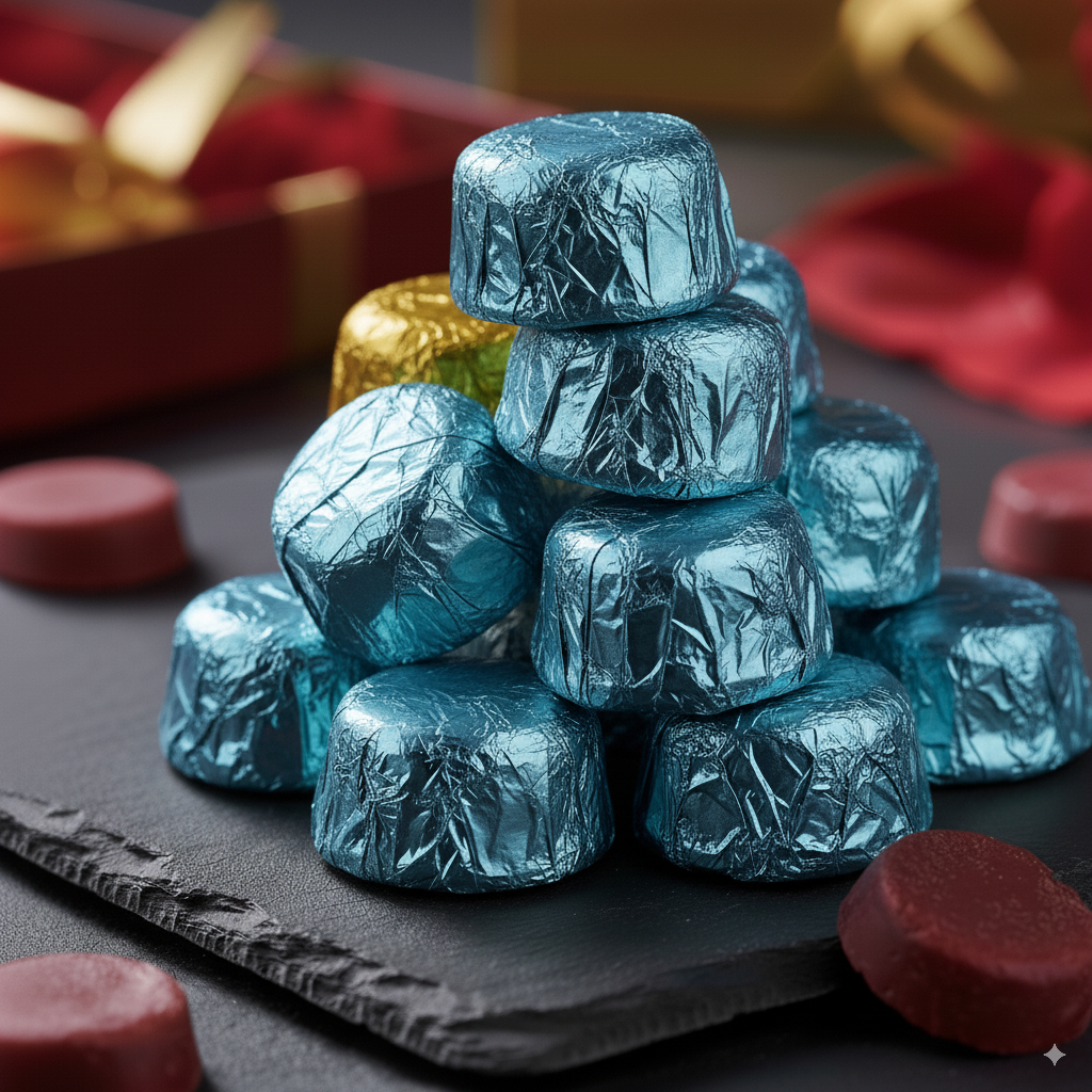 Colourful wax melts in recyclable aluminium tin, individually wrapped to preserve fragrance