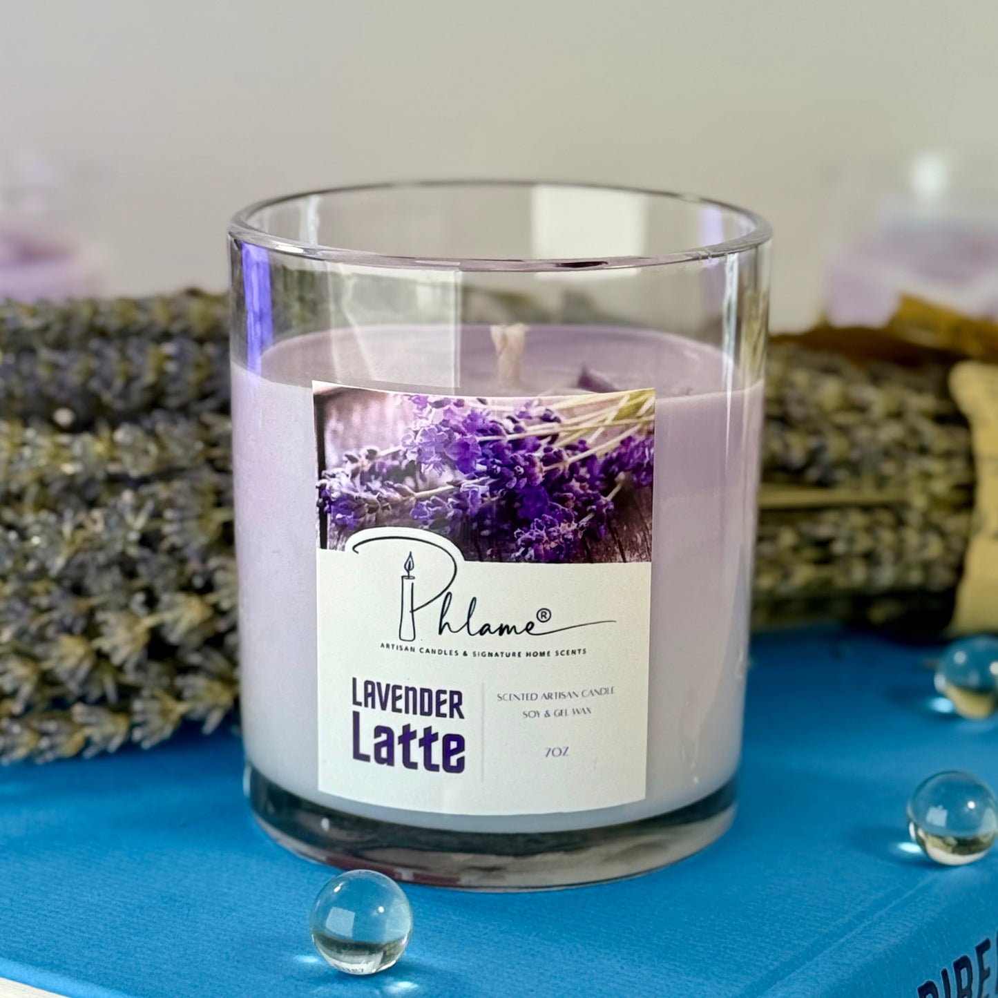 Lavender Latte Candle with layered wax in glass jar and bamboo lid, styled for gift-ready presentation