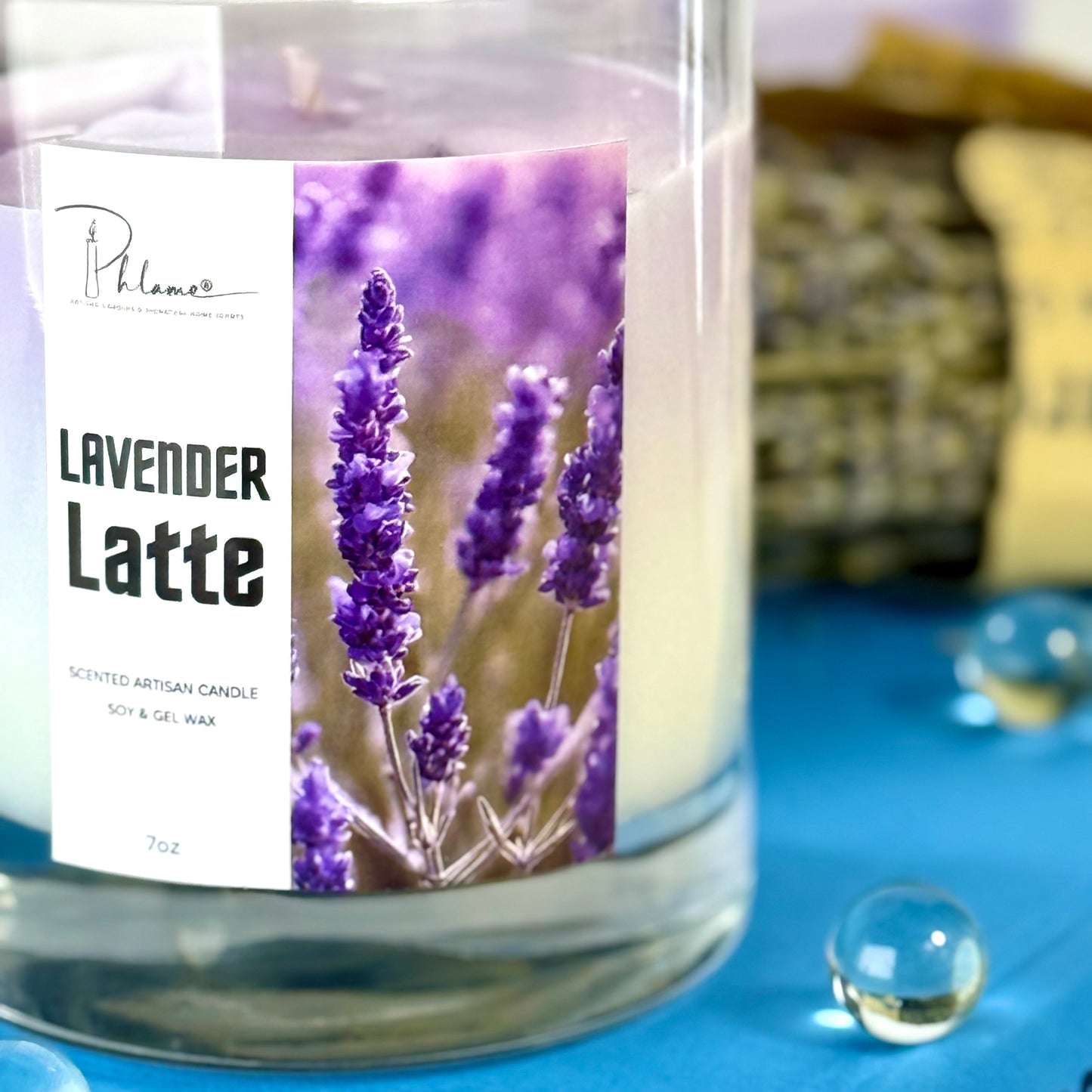 Lavender Latte Candle with layered wax in glass jar and bamboo lid, styled for gift-ready presentation