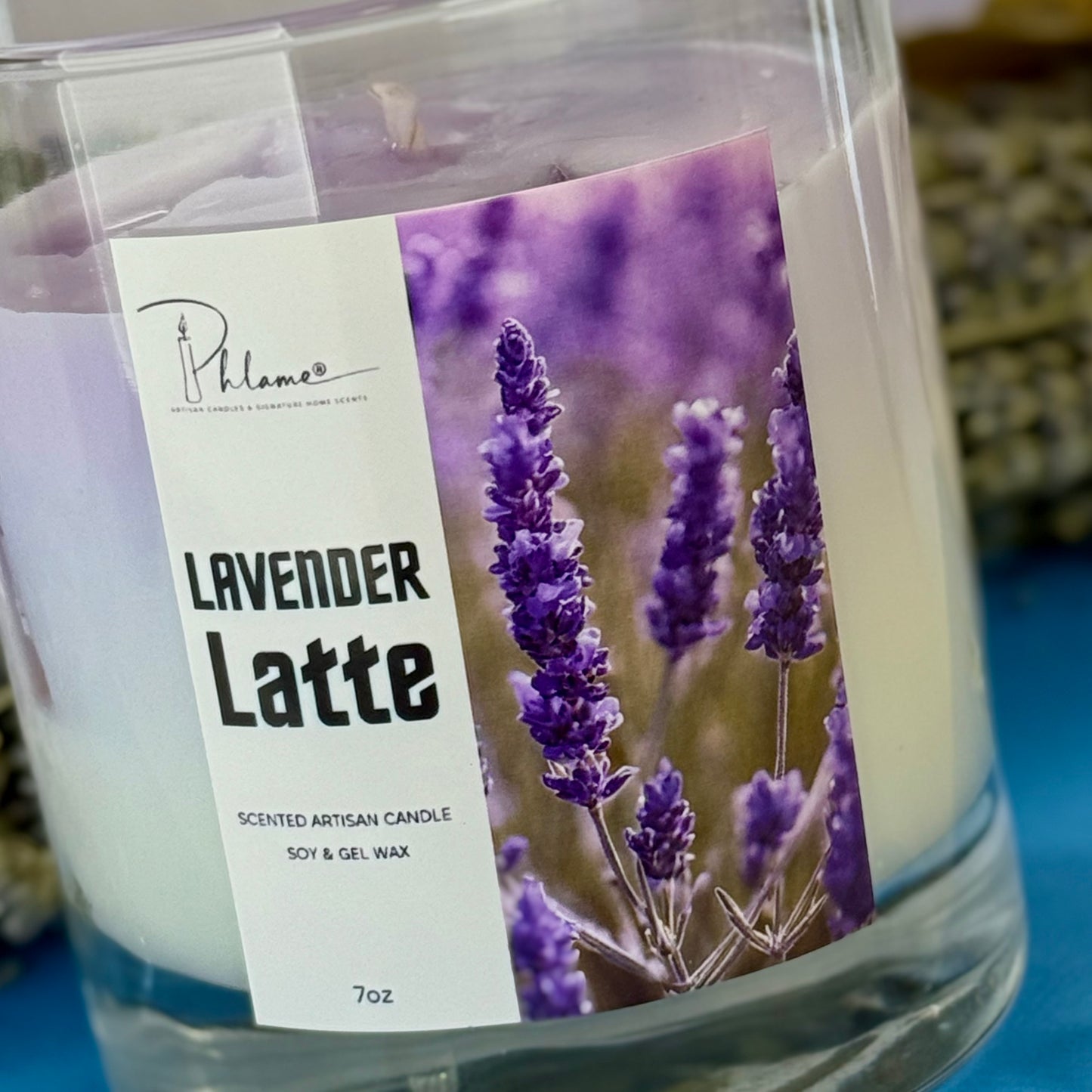 Lavender Latte Candle with layered wax in glass jar and bamboo lid, styled for gift-ready presentation