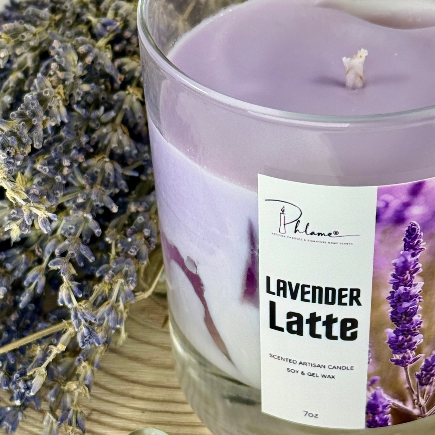 Lavender Latte Candle with layered wax in glass jar and bamboo lid, styled for gift-ready presentation