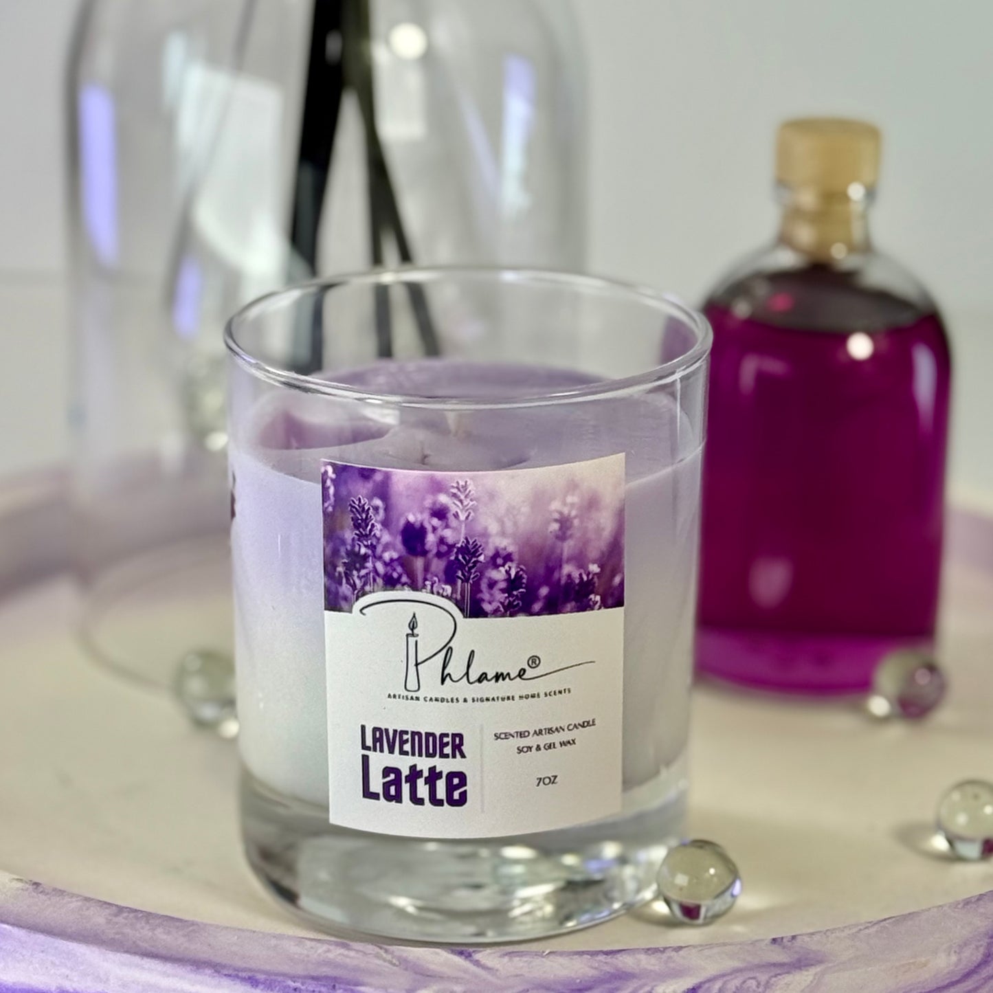 Lavender Latte Candle with layered wax in glass jar and bamboo lid, styled for gift-ready presentation