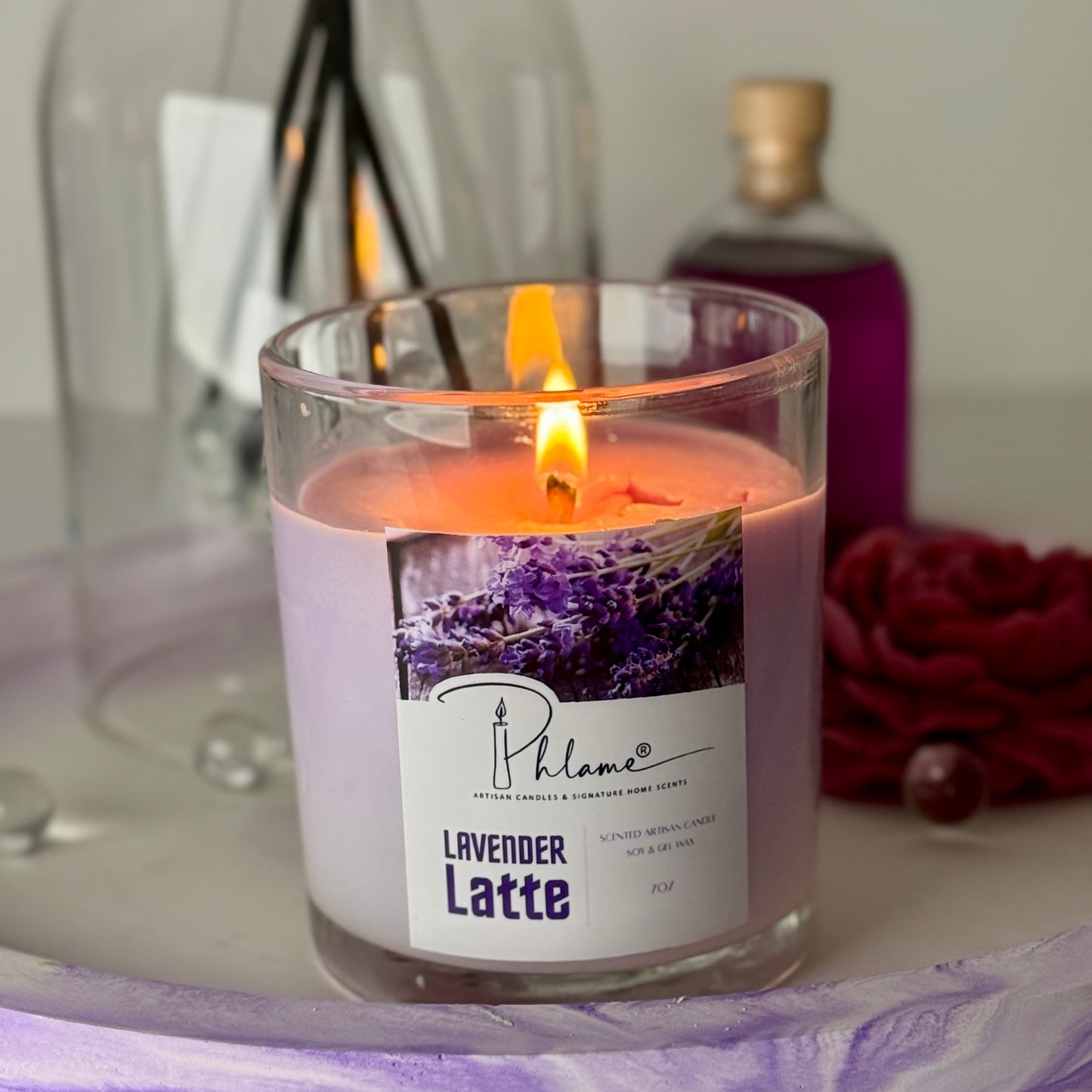 Lavender Latte Candle with layered wax in glass jar and bamboo lid, styled for gift-ready presentation