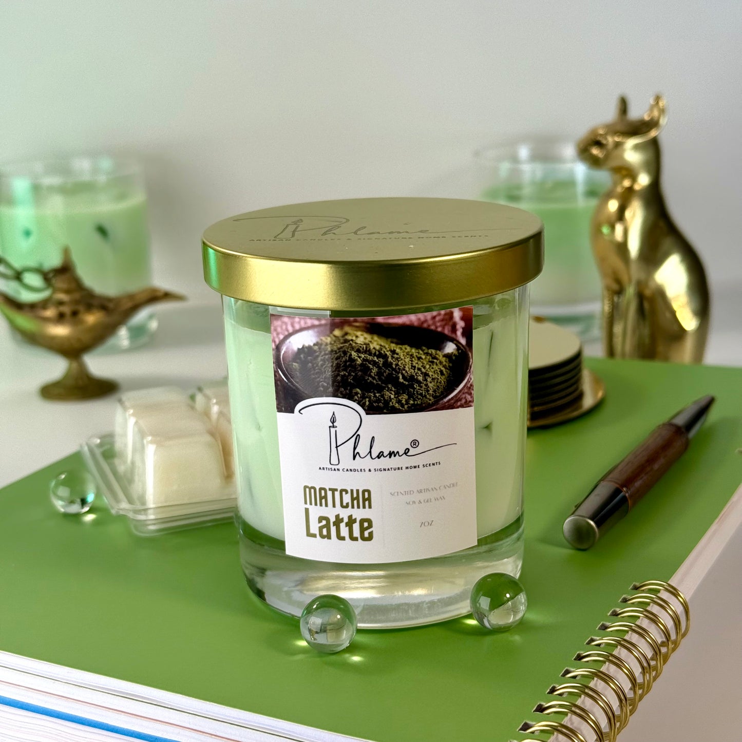 Matcha Latte Candle with green wax layers and lid, ideal for wellness and self-care gifts