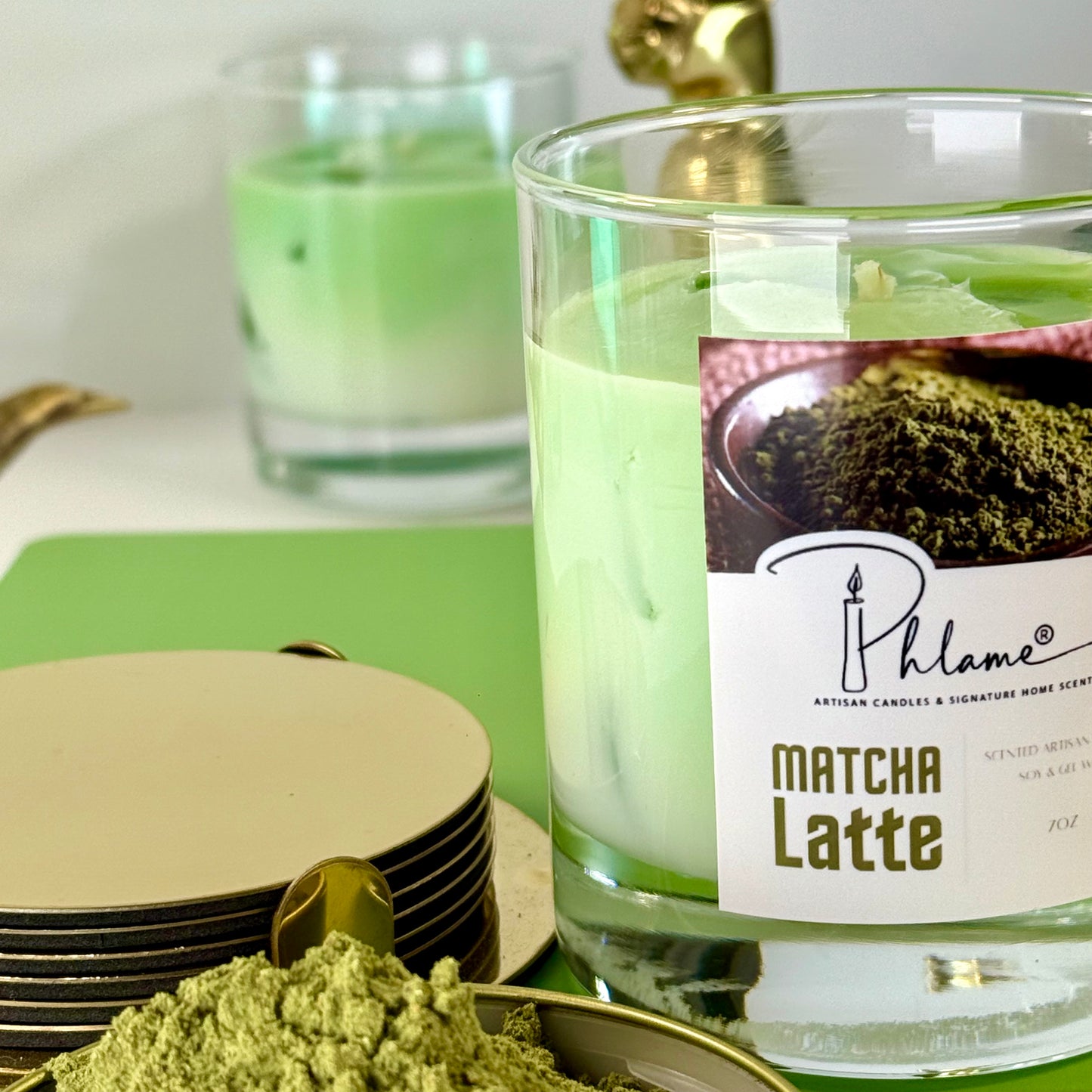 Matcha Latte Candle with green wax layers and lid, ideal for wellness and self-care gifts