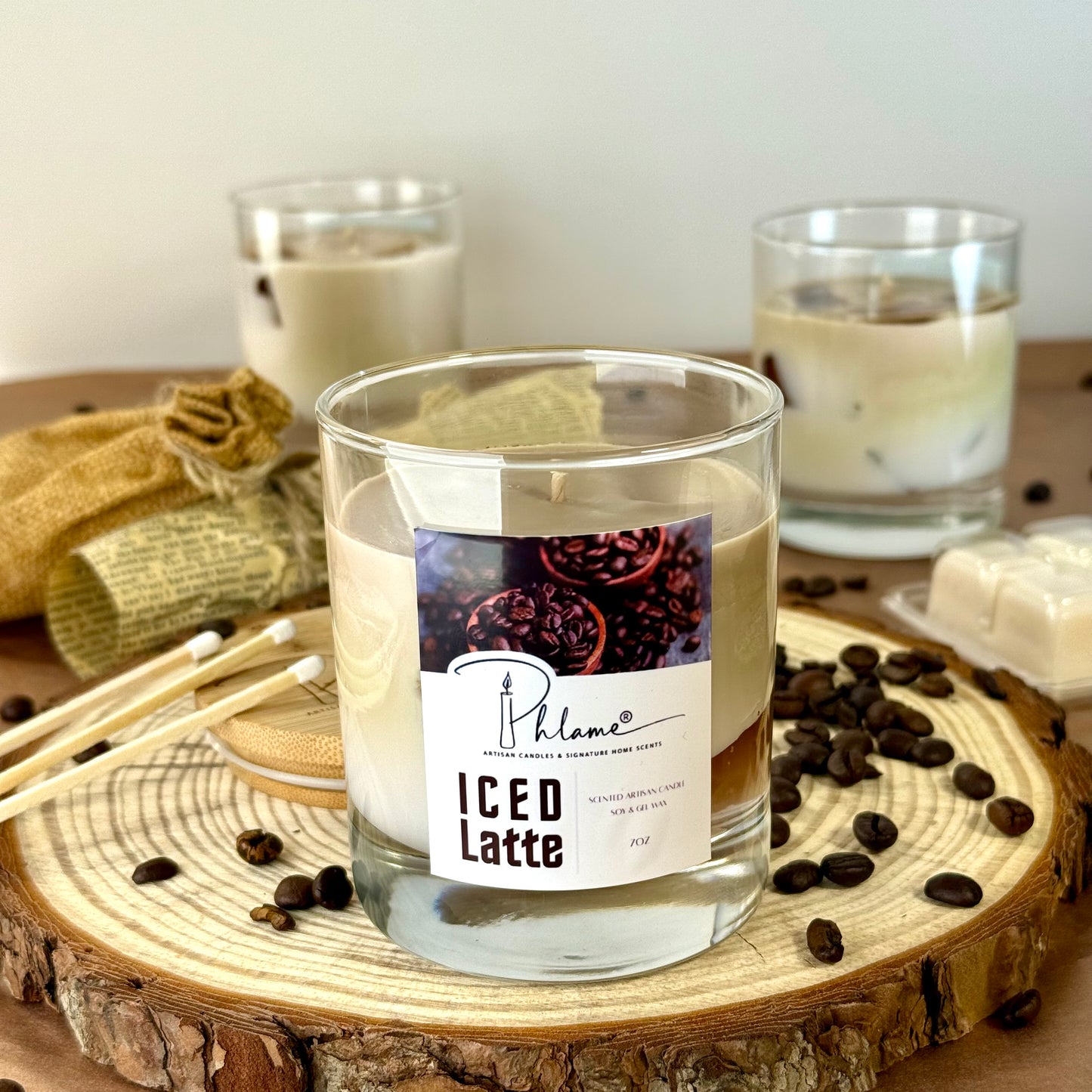 Iced Latte Candle with realistic coffee layers and lid, styled for coffee shop vibe