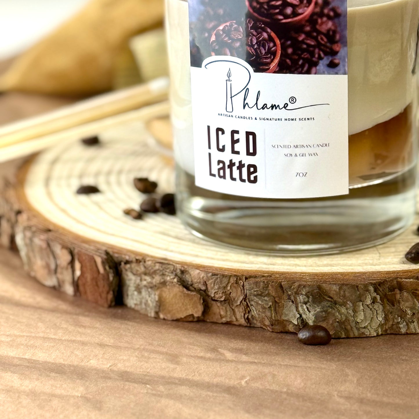 Iced Latte Candle with realistic coffee layers and lid, styled for coffee shop vibe