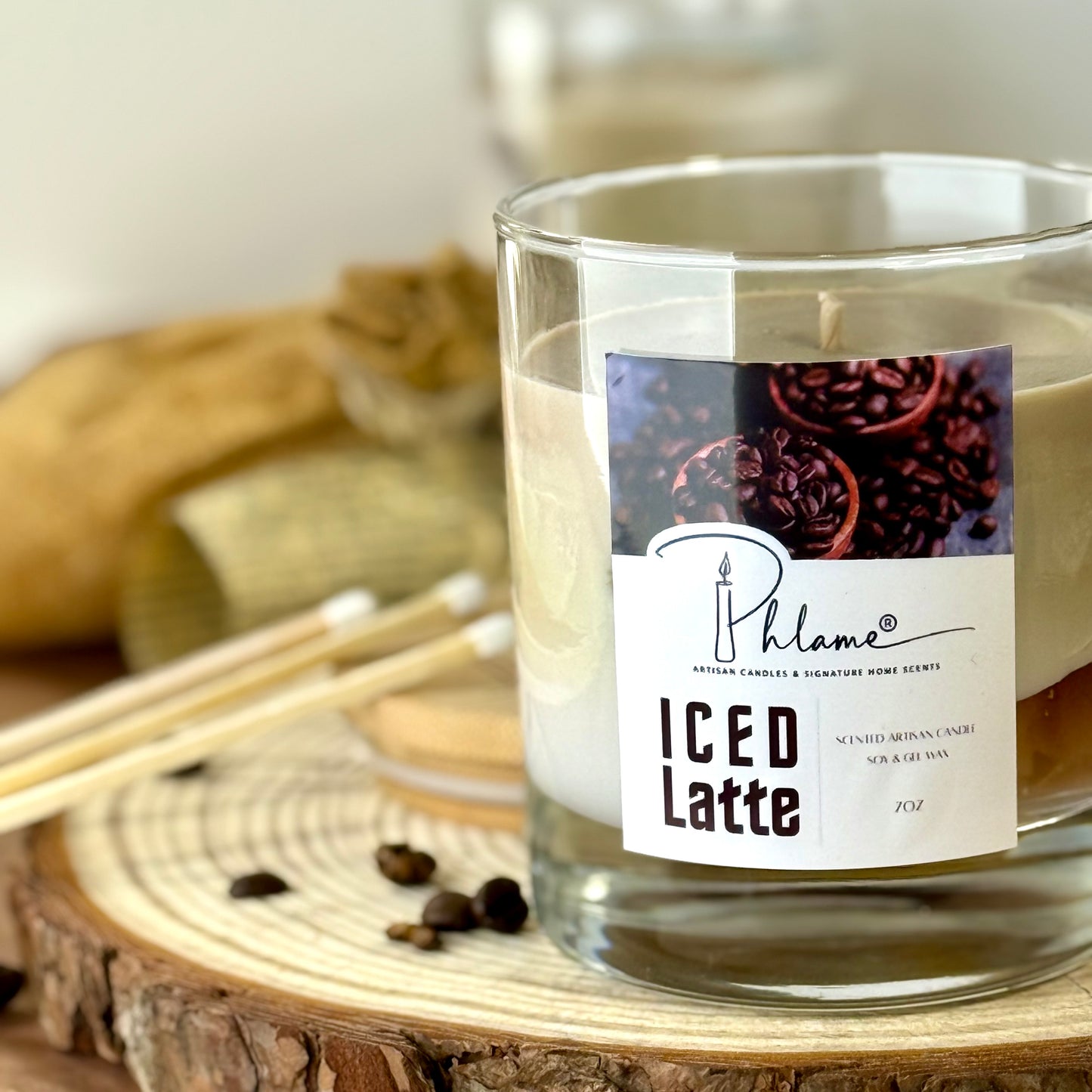 Iced Latte Candle with realistic coffee layers and lid, styled for coffee shop vibe