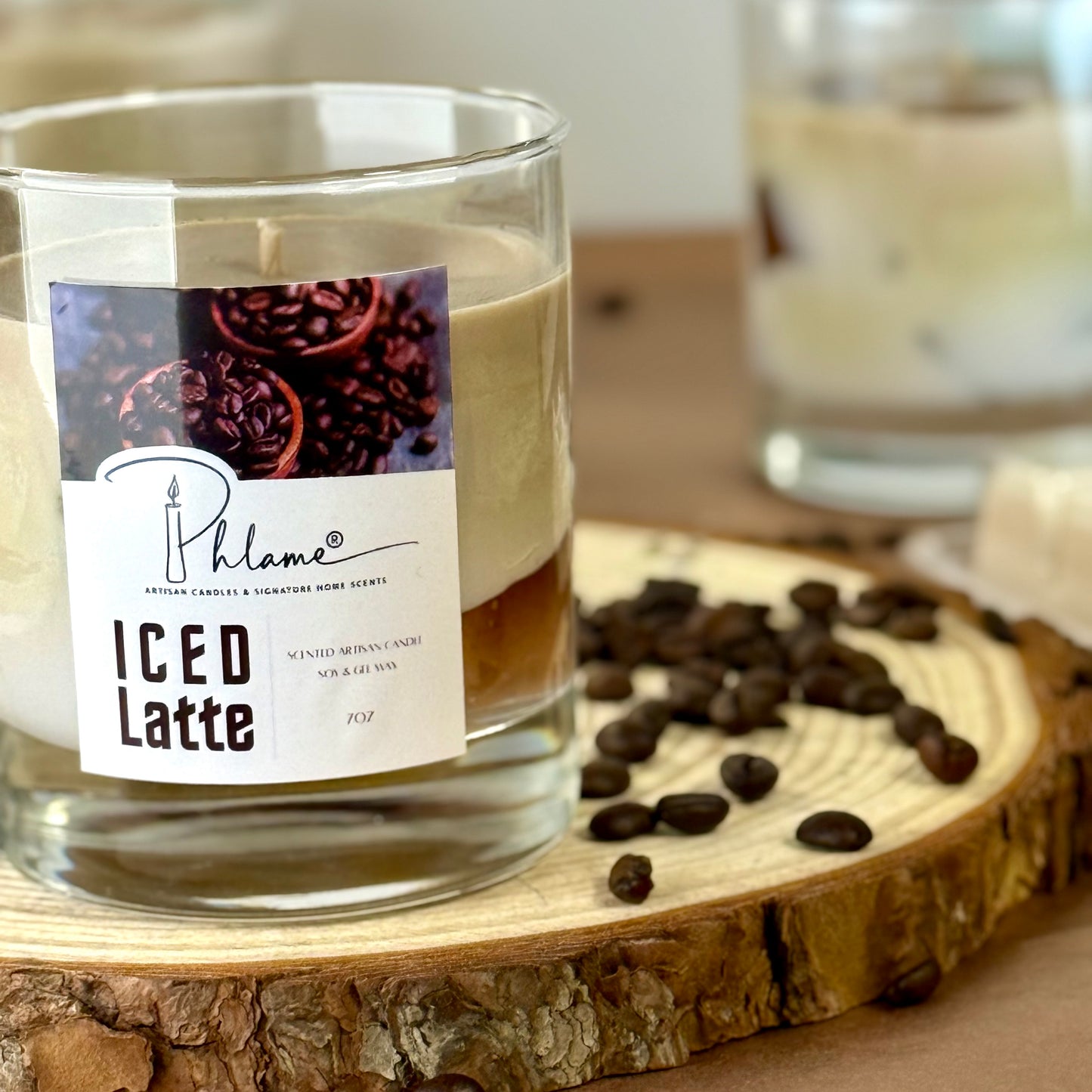 Iced Latte Candle with realistic coffee layers and lid, styled for coffee shop vibe