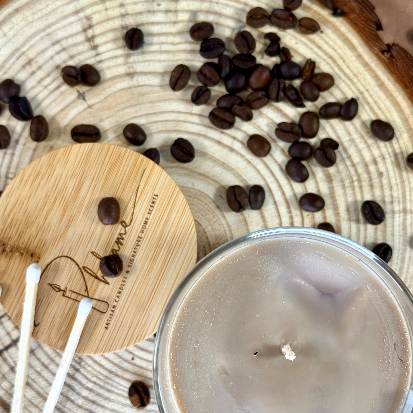 Iced Latte Candle with realistic coffee layers and lid, styled for coffee shop vibe
