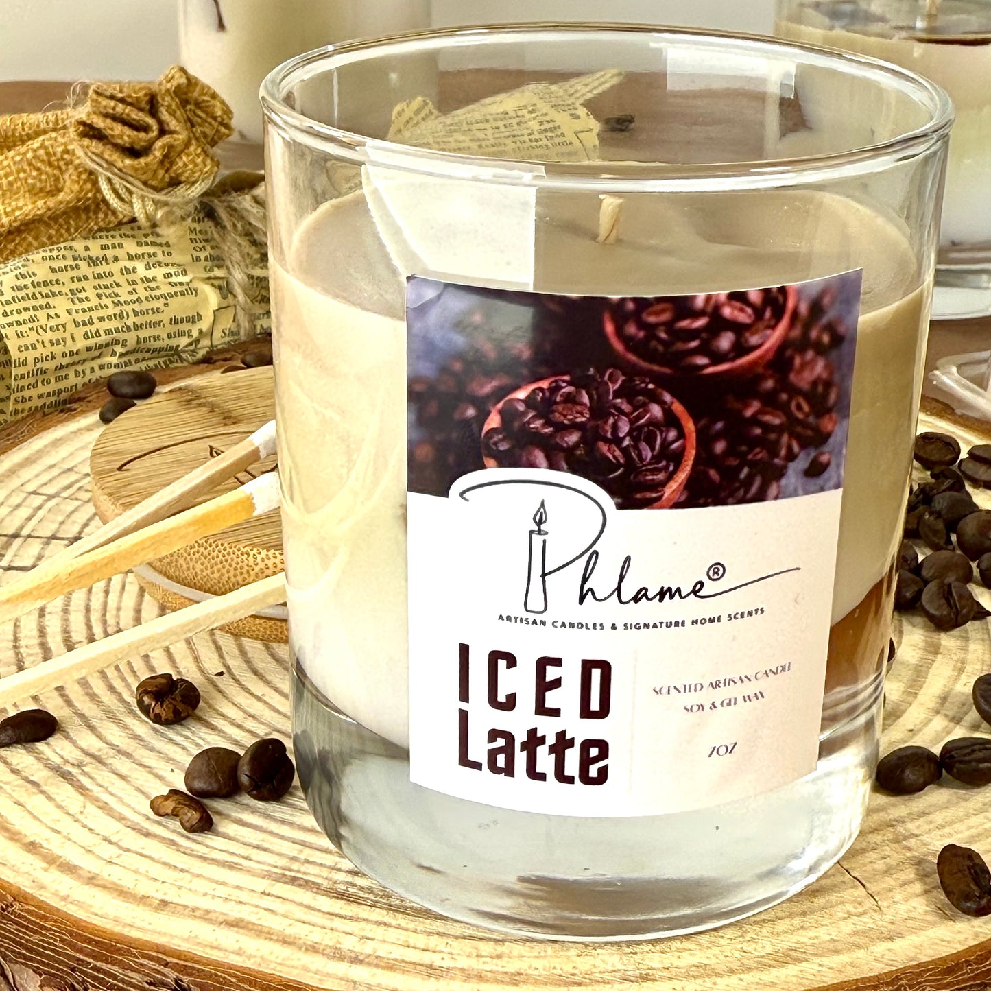 Iced Latte Candle with realistic coffee layers and lid, styled for coffee shop vibe