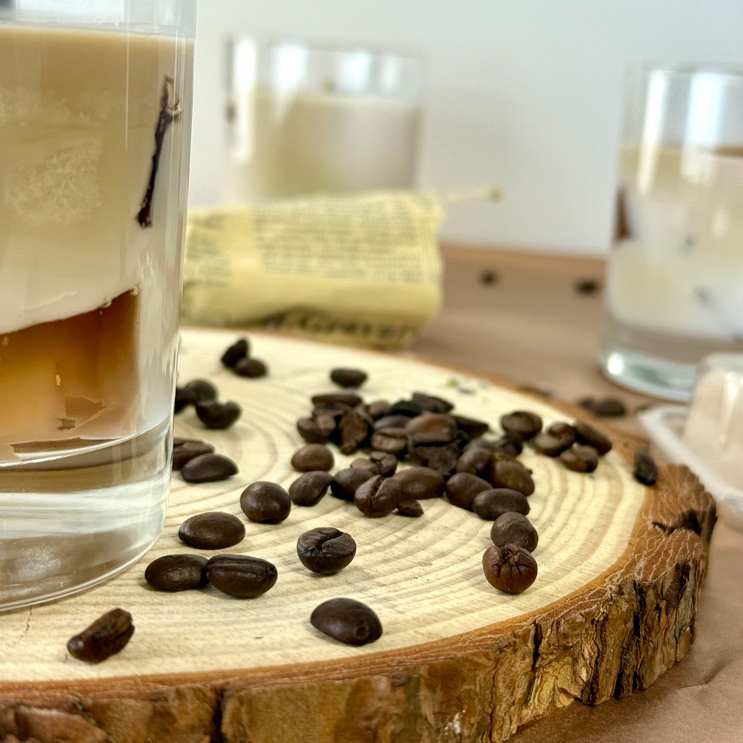 Iced Latte Candle with realistic coffee layers and lid, styled for coffee shop vibe