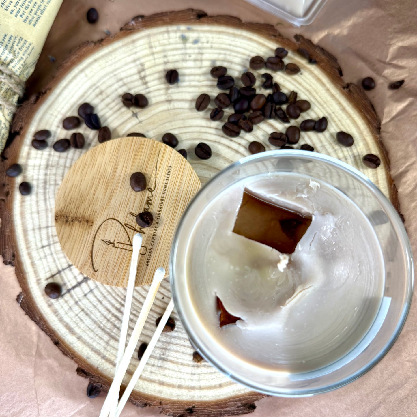 Iced Latte Candle with realistic coffee layers and lid, styled for coffee shop vibe