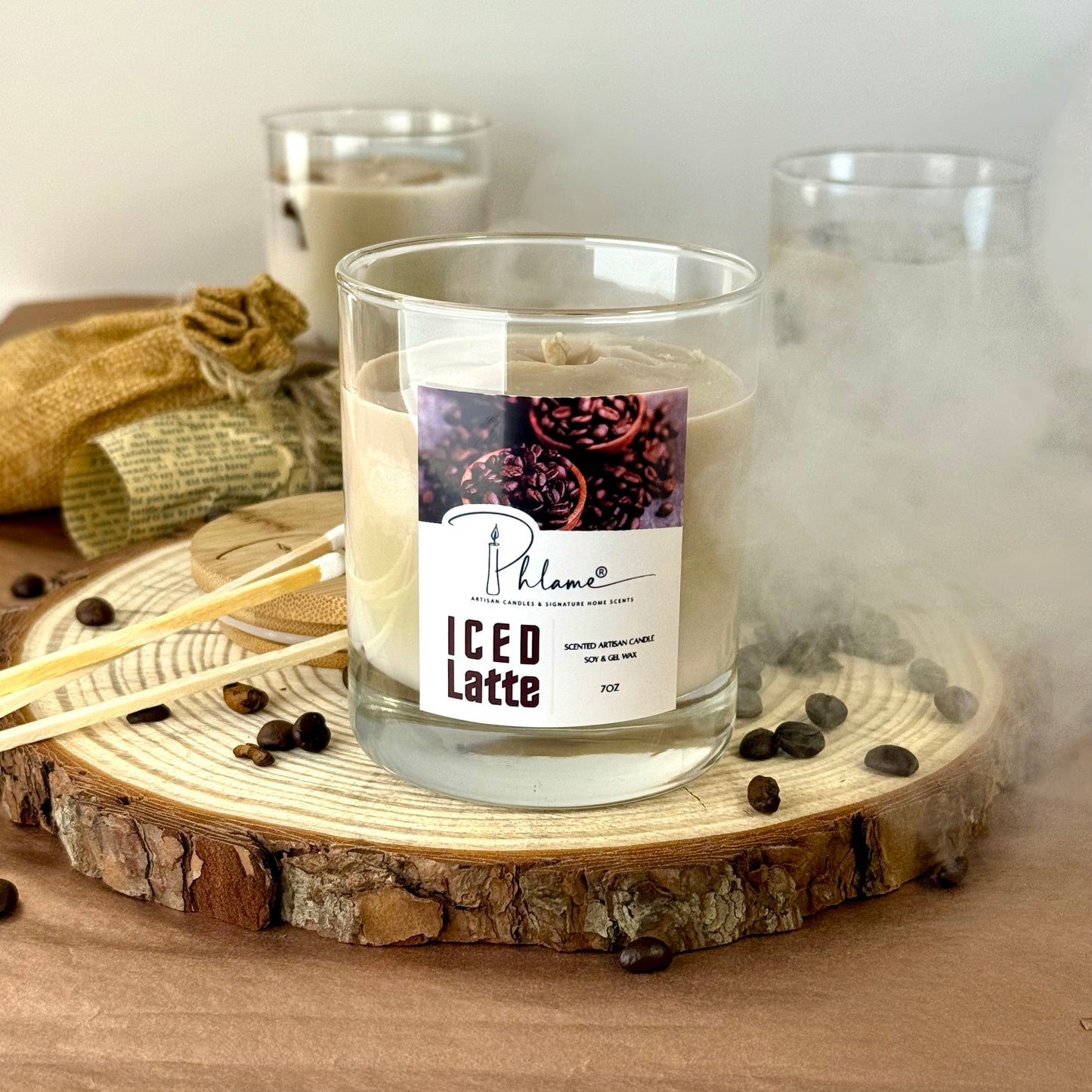 Iced Latte Candle with realistic coffee layers and lid, styled for coffee shop vibe