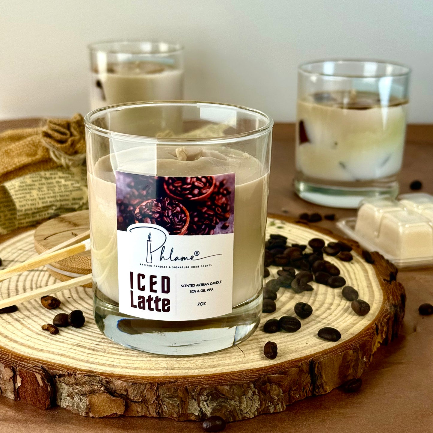 Iced Latte Candle with realistic coffee layers and lid, styled for coffee shop vibe