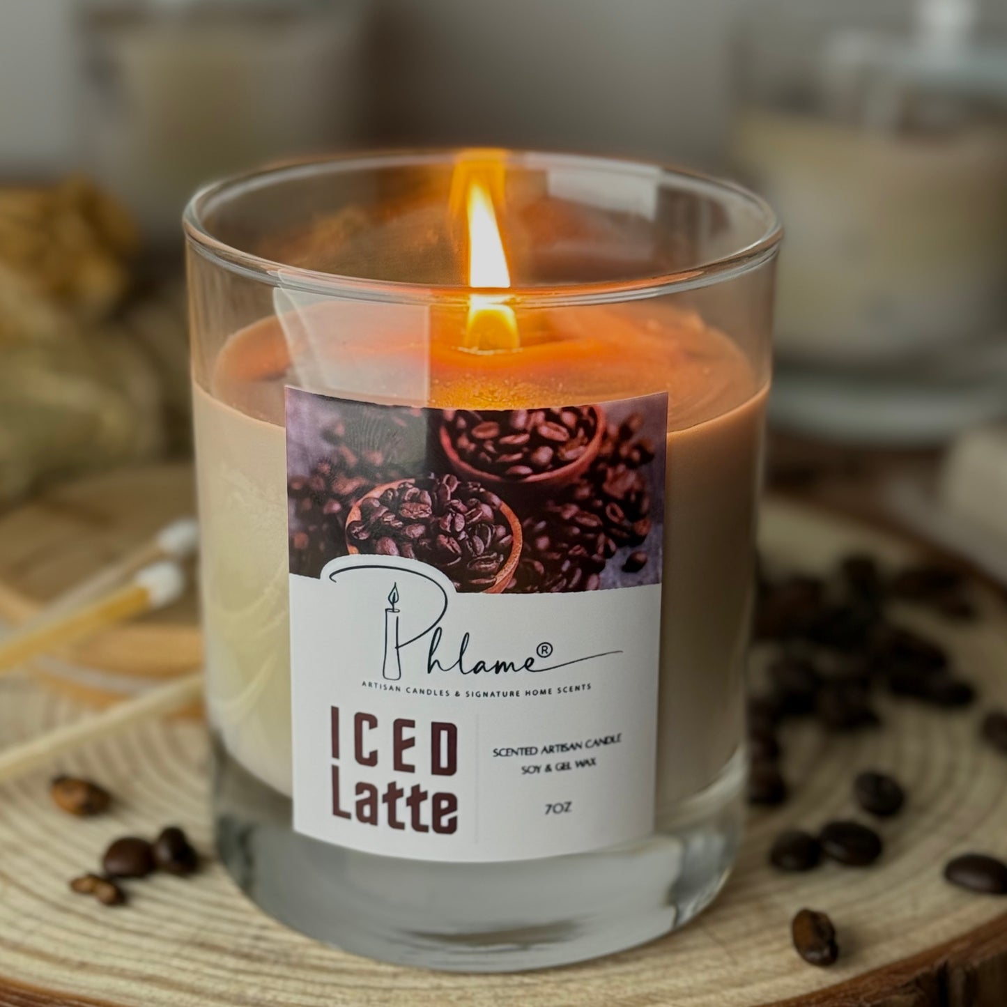 Iced Latte Candle with realistic coffee layers and lid, styled for coffee shop vibe