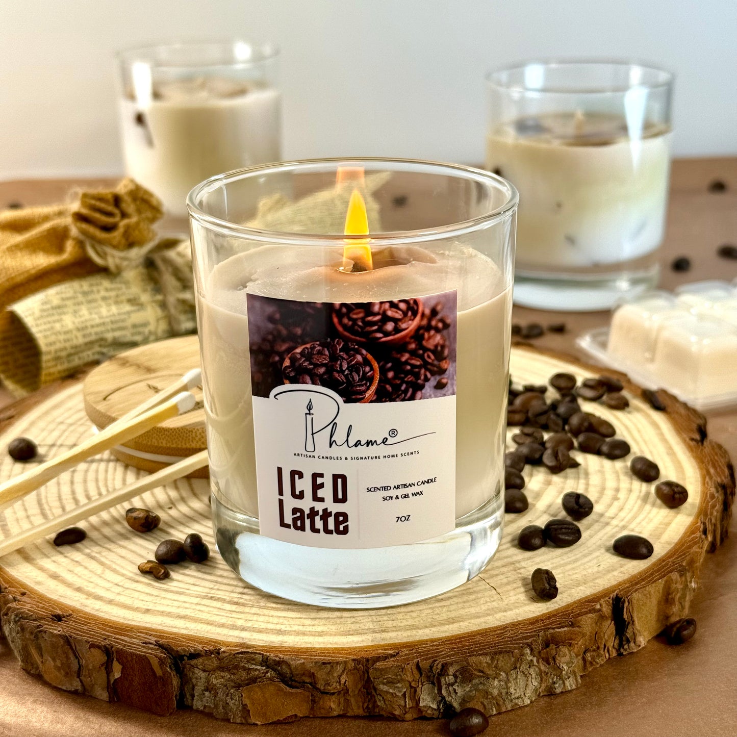 Iced Latte Candle with realistic coffee layers and lid, styled for coffee shop vibe