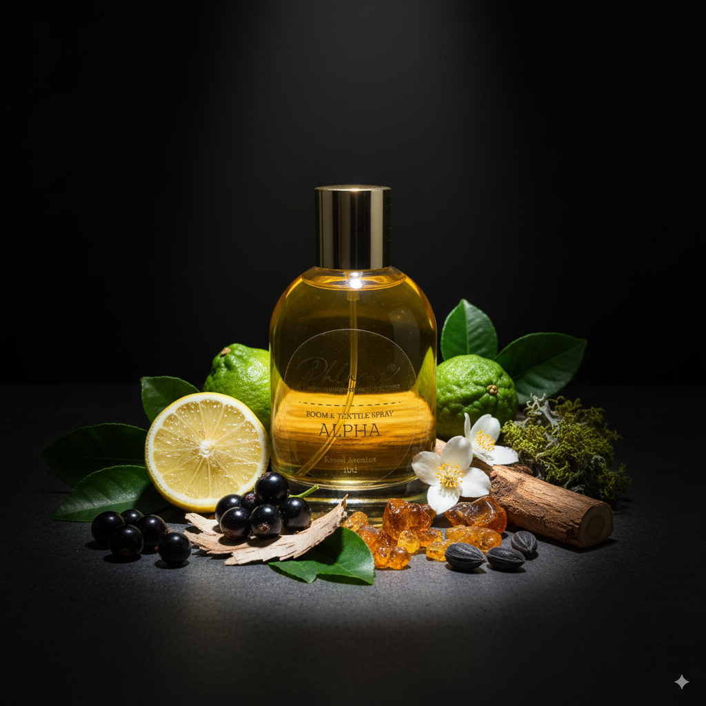 Bottle of room spray with fruits and leaves on a dark background