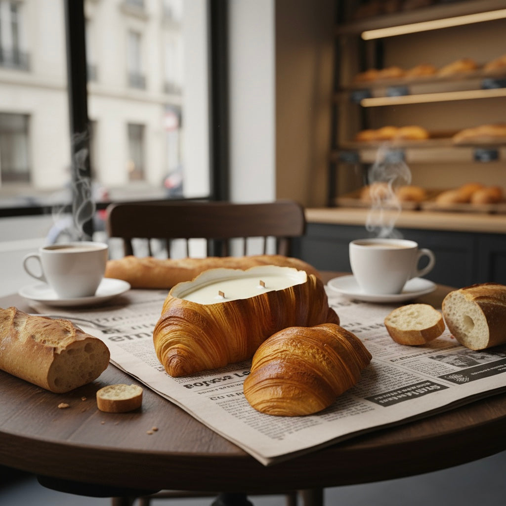 Artisan croissant candle, festive blend of coffee, orange, and cinnamon, handmade in the UK.