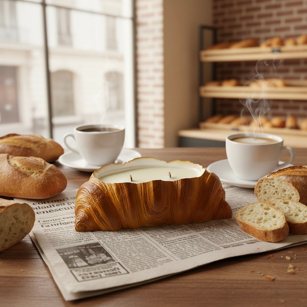 Croissant shaped candle on the newspaper, bakery on the background
