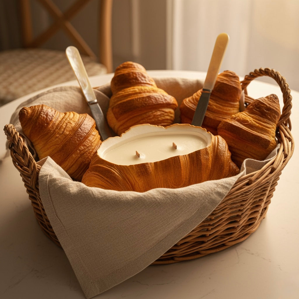 Croissant-shaped artisan candle, eco-friendly soy wax, cosy Christmas home décor.