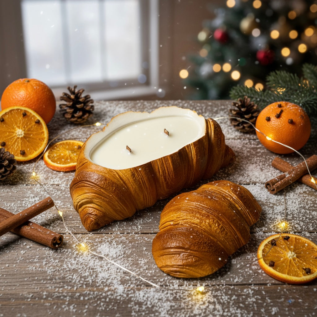 Christmas Cappuccino scented croissant candle, quirky luxury gift, handmade stonecast vessel.