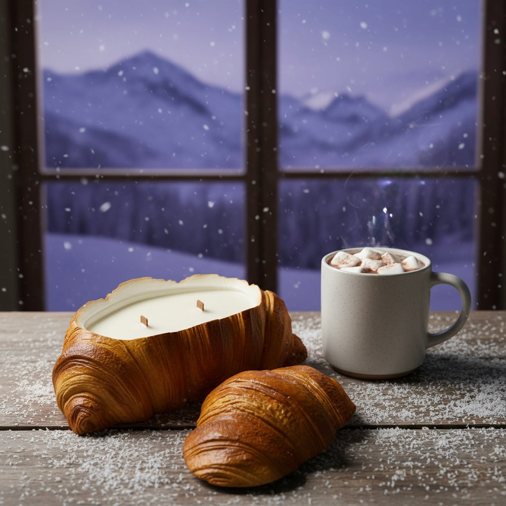 Croissant shaped candle placed near hot chocolate mug with mountains on the background