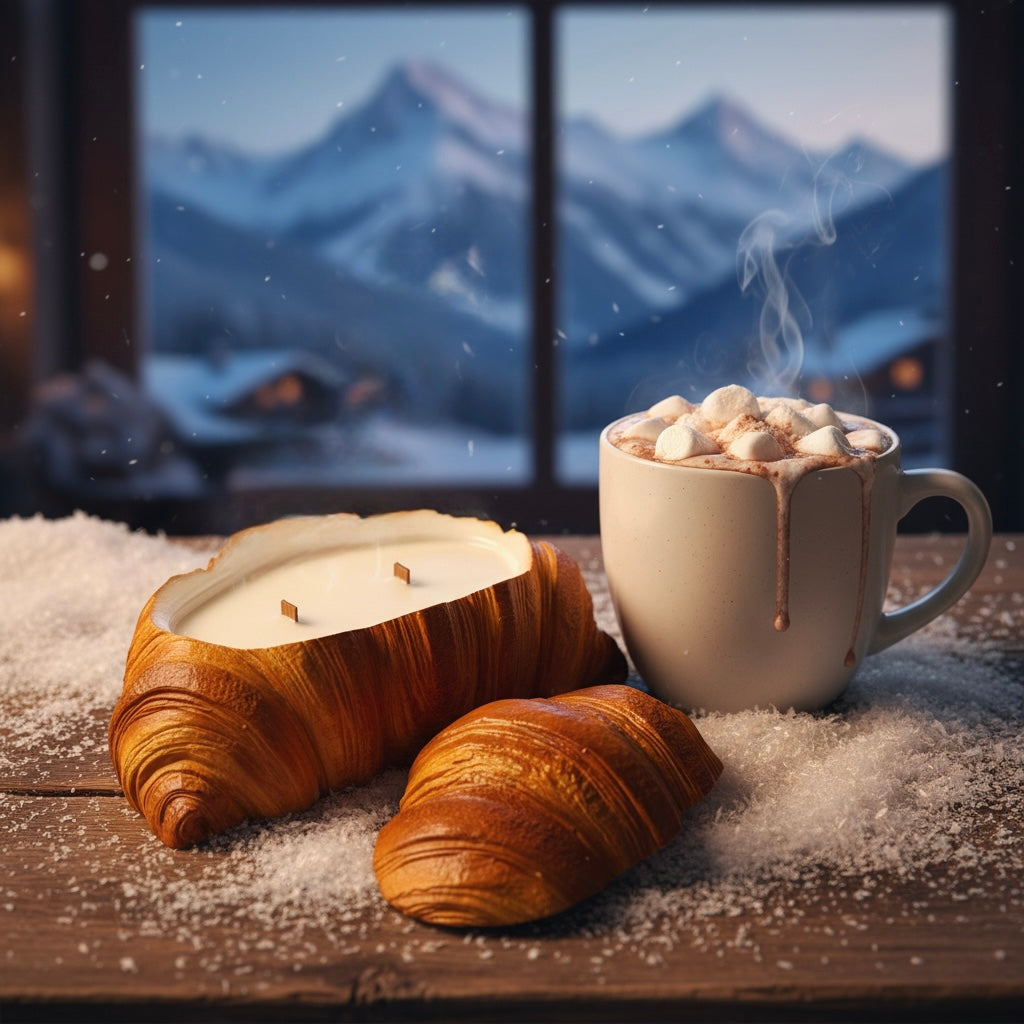 Croissant shaped candle placed near hot chocolate mug with mountains on the background