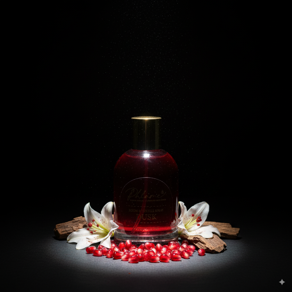 Bottle of Pomegranate Noir room and textile spray with flowers and pomegranate seeds on a dark background