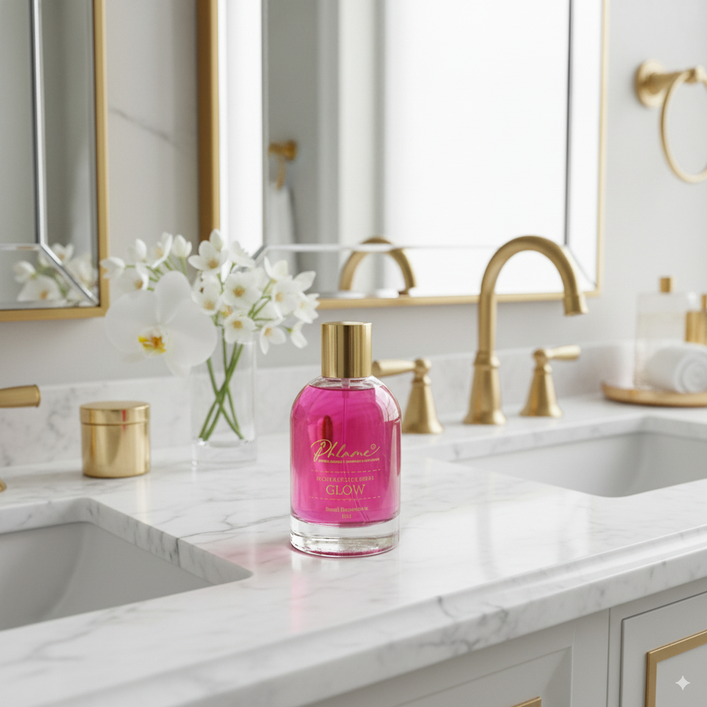 Pink bottle of room spray on a bathroom counter with gold fixtures
