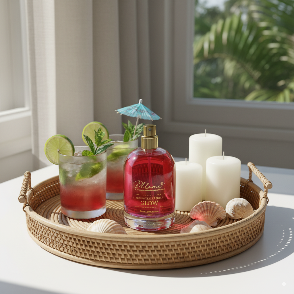 Phlame Glow spray, fruity floral home fragrance with coconut and vanilla.