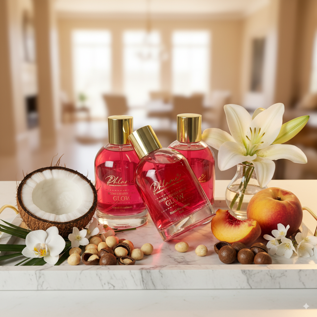 Two room sprays bottles with gold caps on a marble surface with fruits and flowers.