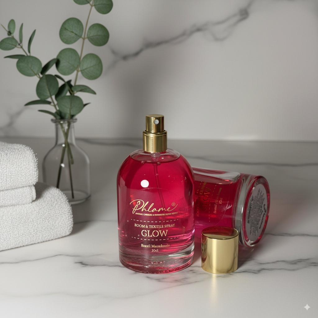 Elegant home scent spray on neutral background, artisan handcrafted.
