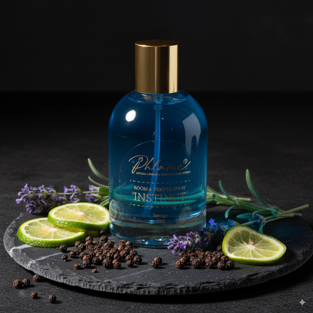 room & texture spray on a dark surface with limes, lavender, and black peppercorns.