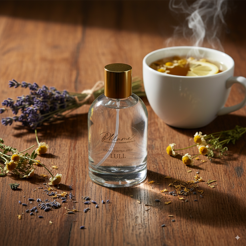 Aromatherapy room spray in black and gold bottle, lavender chamomile fragrance.