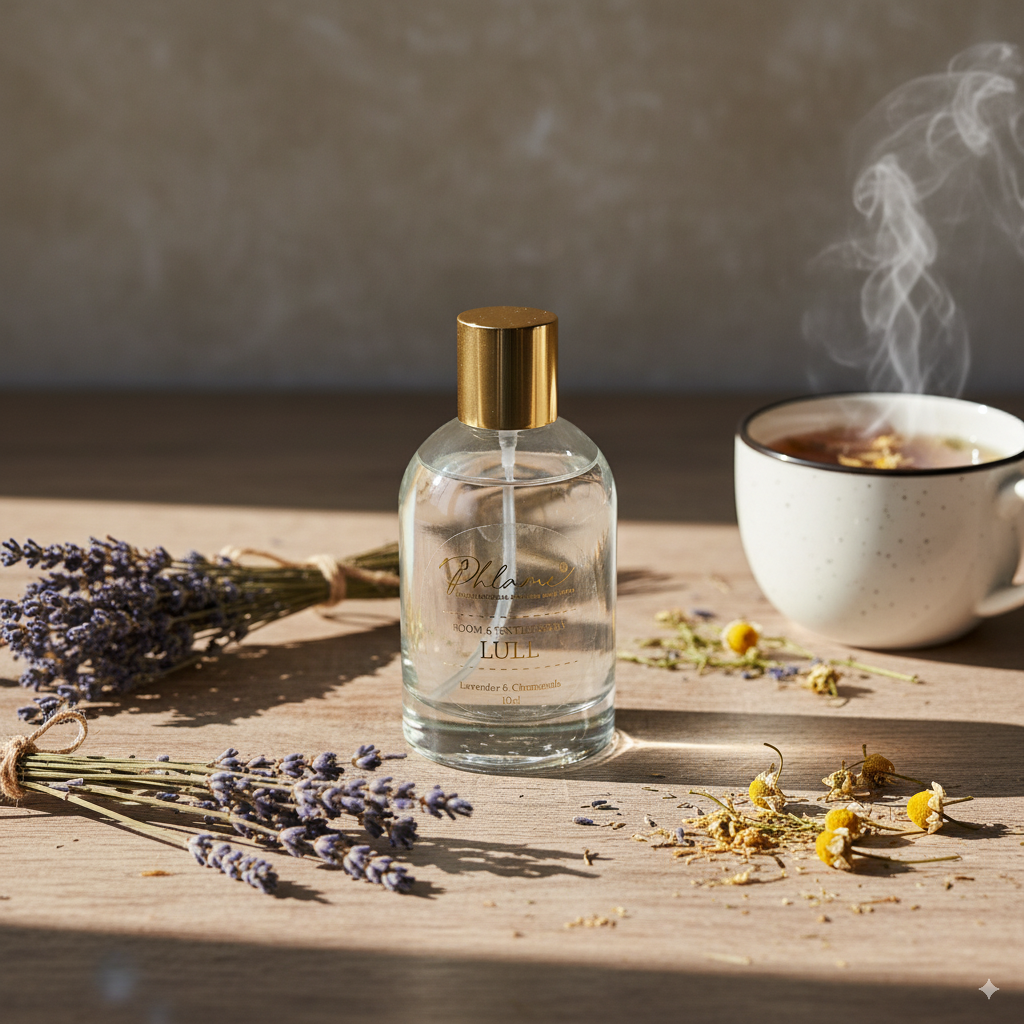 Phlame Lull luxury spray, perfect for bedrooms and relaxation spaces.