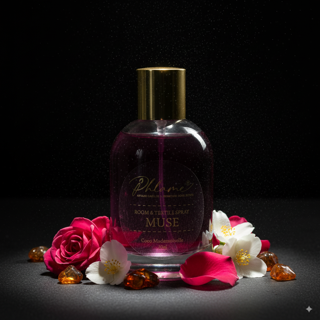 Room Spray bottle labeled 'Muse' with flowers and gemstones on a dark background