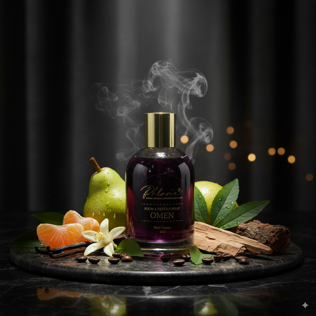 Room and textile spray bottle with gold cap on a dark surface with fruits and leaves