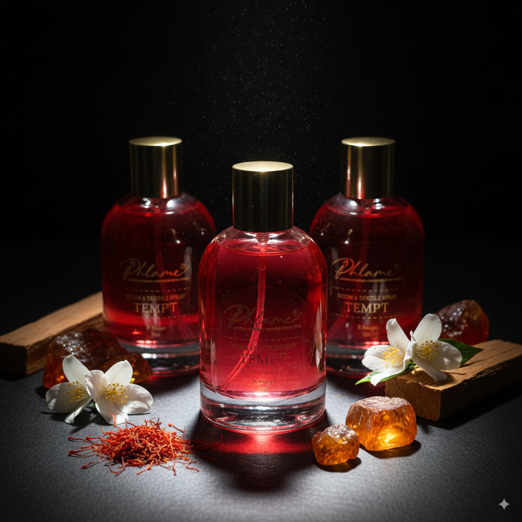 Black and gold Phlame Rouge bottle, premium home and car fragrance.