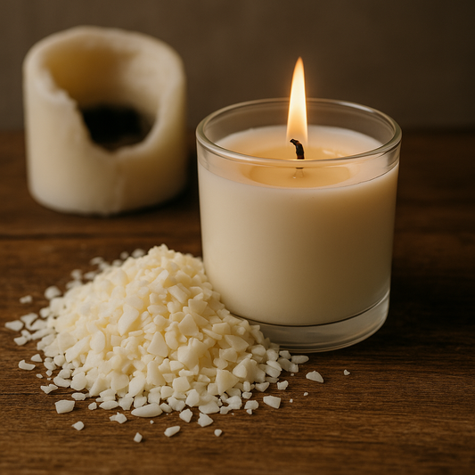 burning candle with some wax scattered on the table