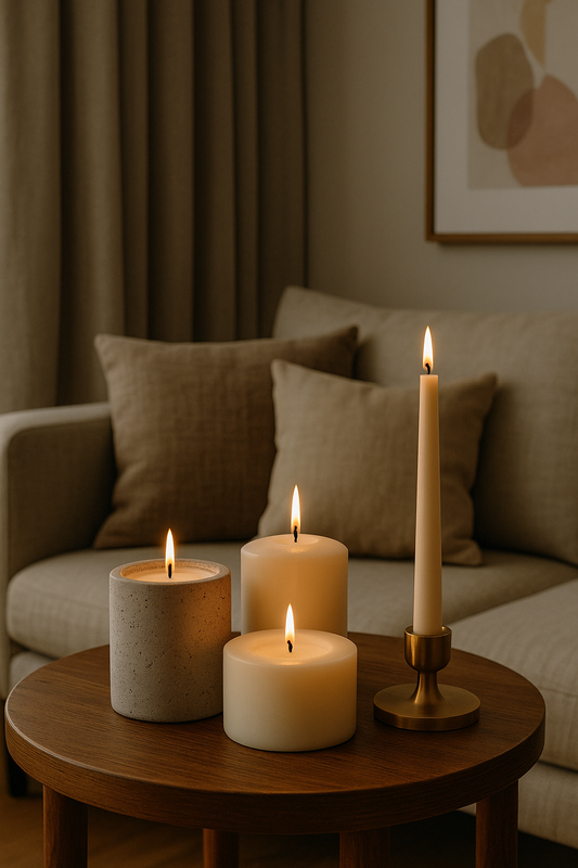 cozy living room. 3 pillar and 1 taper candles are lit and placed on a coffee table creating soft and relaxing atmosphere 