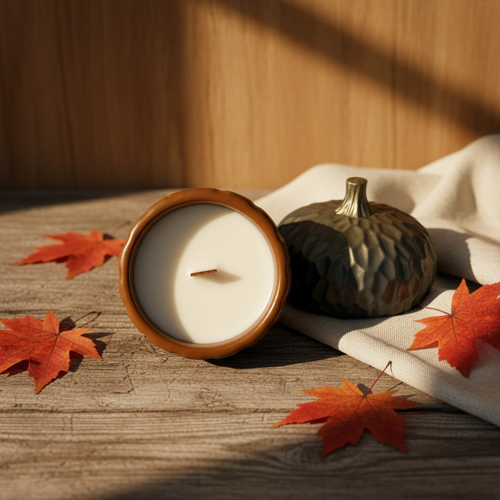 An acorn shaped candle holder on a beautiful autumn background