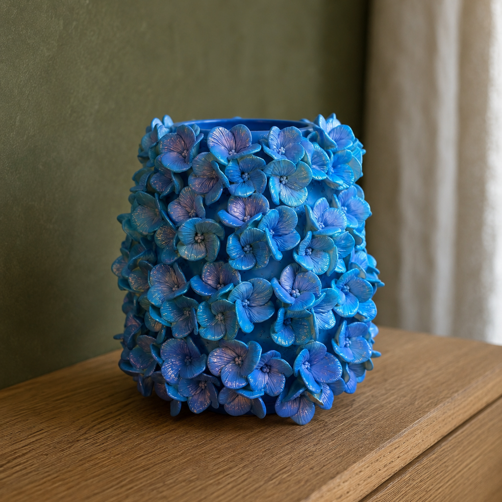 A textured blue ceramic vase covered in dried blue hydrangea petals, sitting on a wooden table against a neutral background.