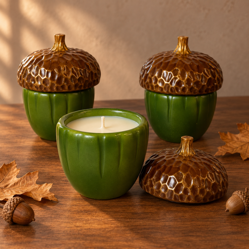 Three acorn-shaped candles arranged on a wooden surface, including two closed jars with textured brown acorn caps and one open candle showing white wax. Decorative acorns and dried leaves are placed around them against a warm beige background.
