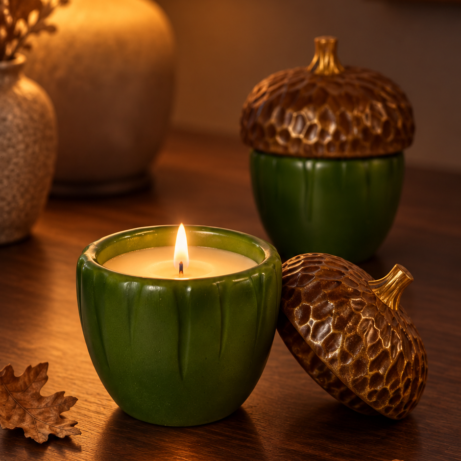 A green acorn-shaped candle holder with a lit candle sits on a wooden table, alongside another matching green acorn container and autumn leaves, with a warm lamp in the background.