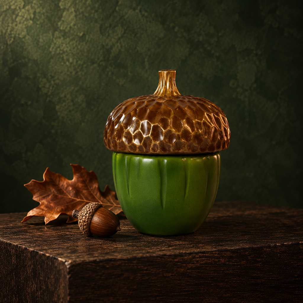 A ceramic acorn-shaped container with a textured brown cap and a glossy green body, displayed on a dark wooden surface with autumn leaves against a dark green background.