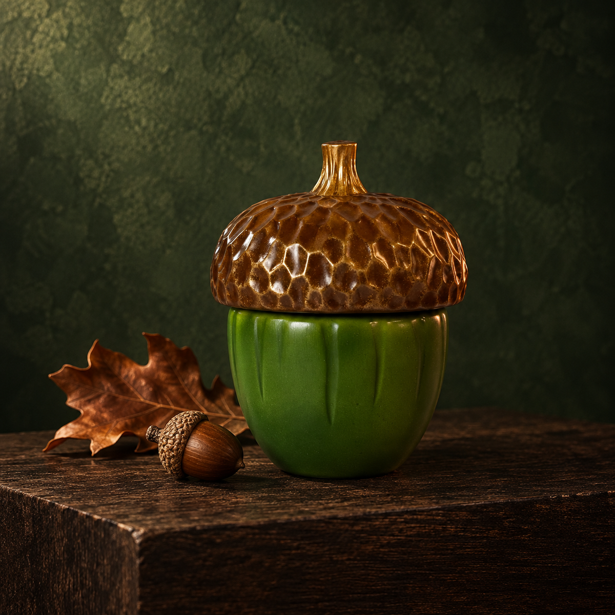 A ceramic acorn-shaped container with a textured brown cap and a glossy green body, displayed on a dark wooden surface with autumn leaves against a dark green background.