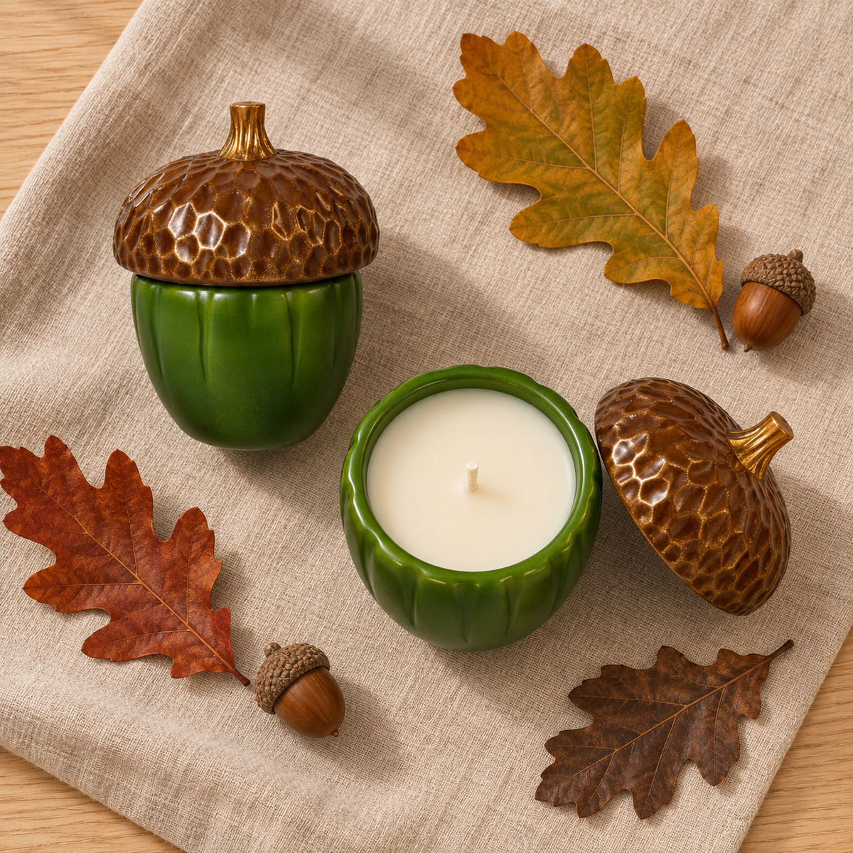 Acorn-shaped candle set on a beige linen cloth with autumn oak leaves. The set includes a green acorn vessel with a brown textured cap, a white candle in a matching green vessel, and two additional acorns and leaves as props.