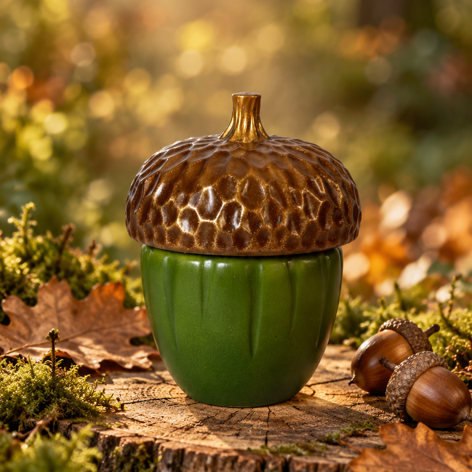 An acorn-shaped ceramic container with a glossy green body and a textured brown lid, placed on a mossy tree stump in an outdoor forest setting with warm sunlight filtering through the background.